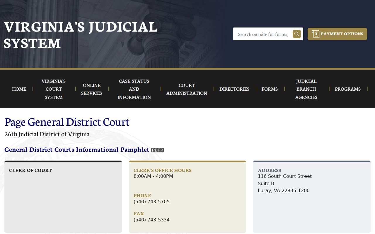 Page General District Court public schedule and contact page