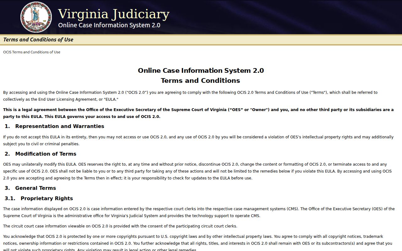Blank Virginia OCIS name and court search interface