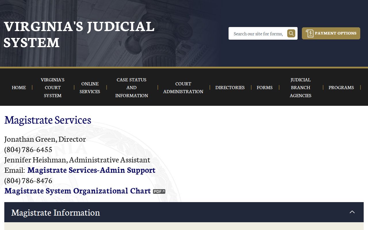 Virginia magistrate services page describing probable-cause and bail duties