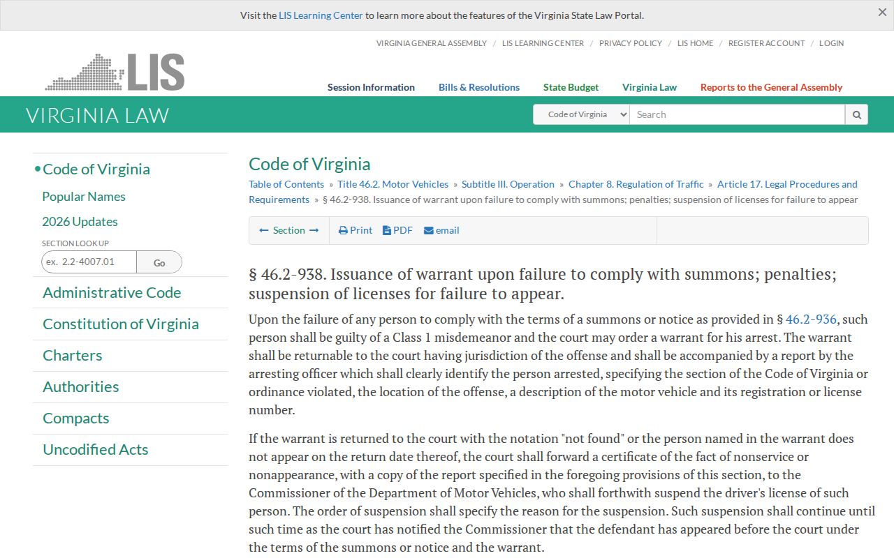 Virginia statute page about traffic summons noncompliance and court process