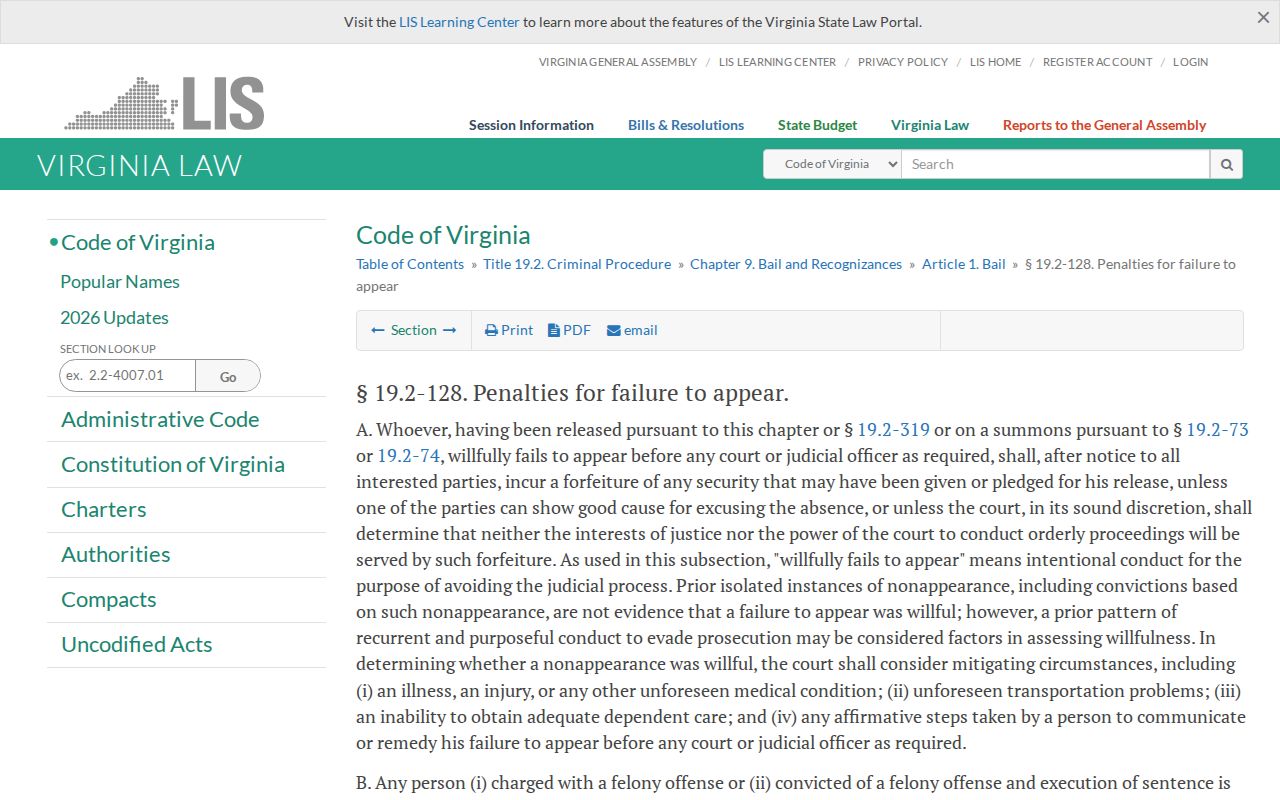 Virginia failure-to-appear statute page relevant to court process