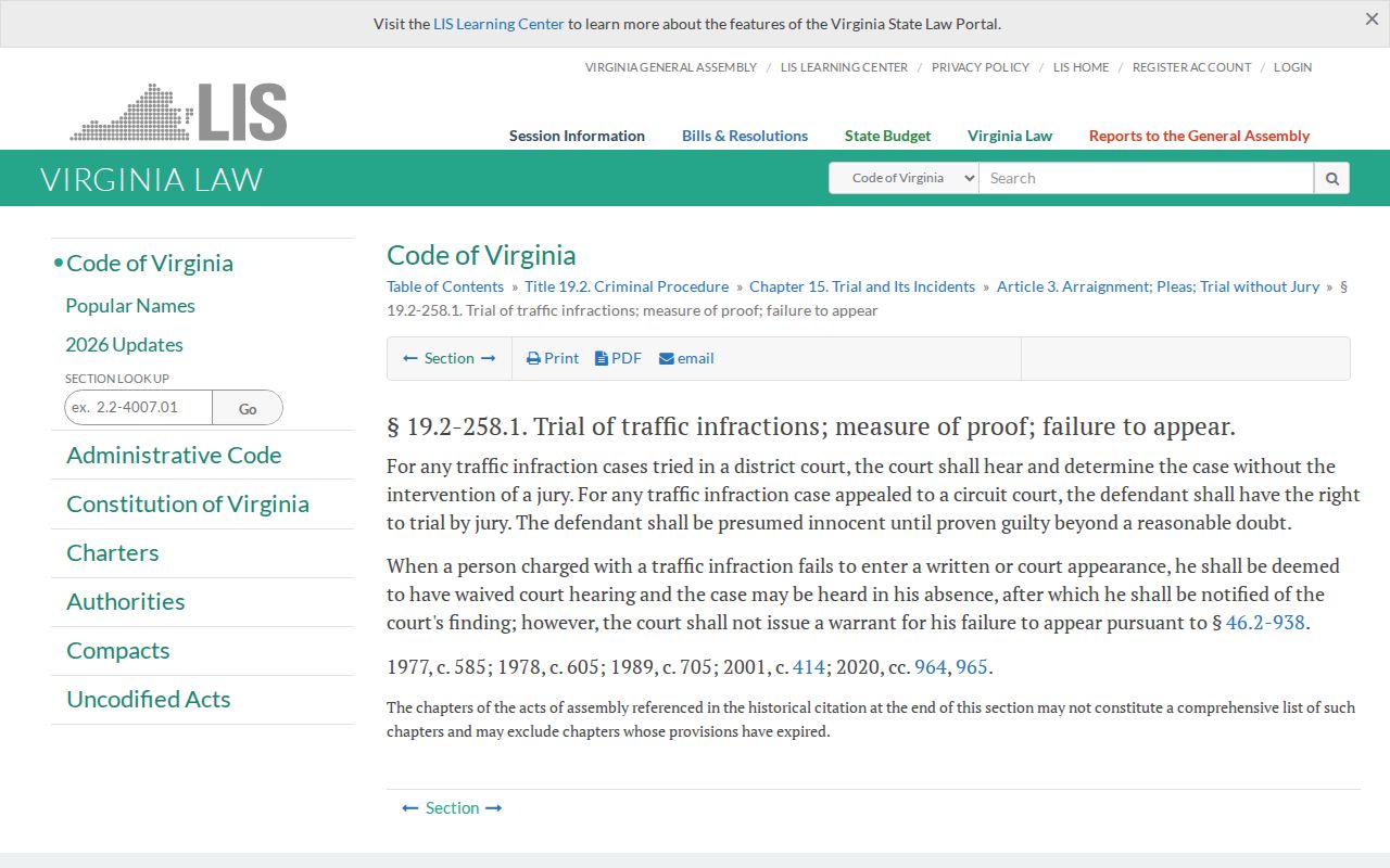 Virginia statute page distinguishing traffic-infraction failure to appear from other process
