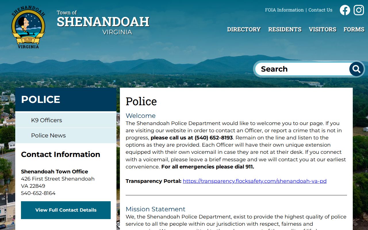 Shenandoah Police page showing public contact and local enforcement scope