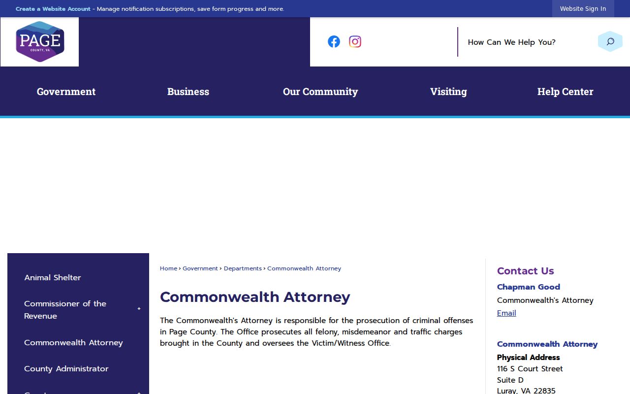 Page County Commonwealth's Attorney official page showing office role and contact