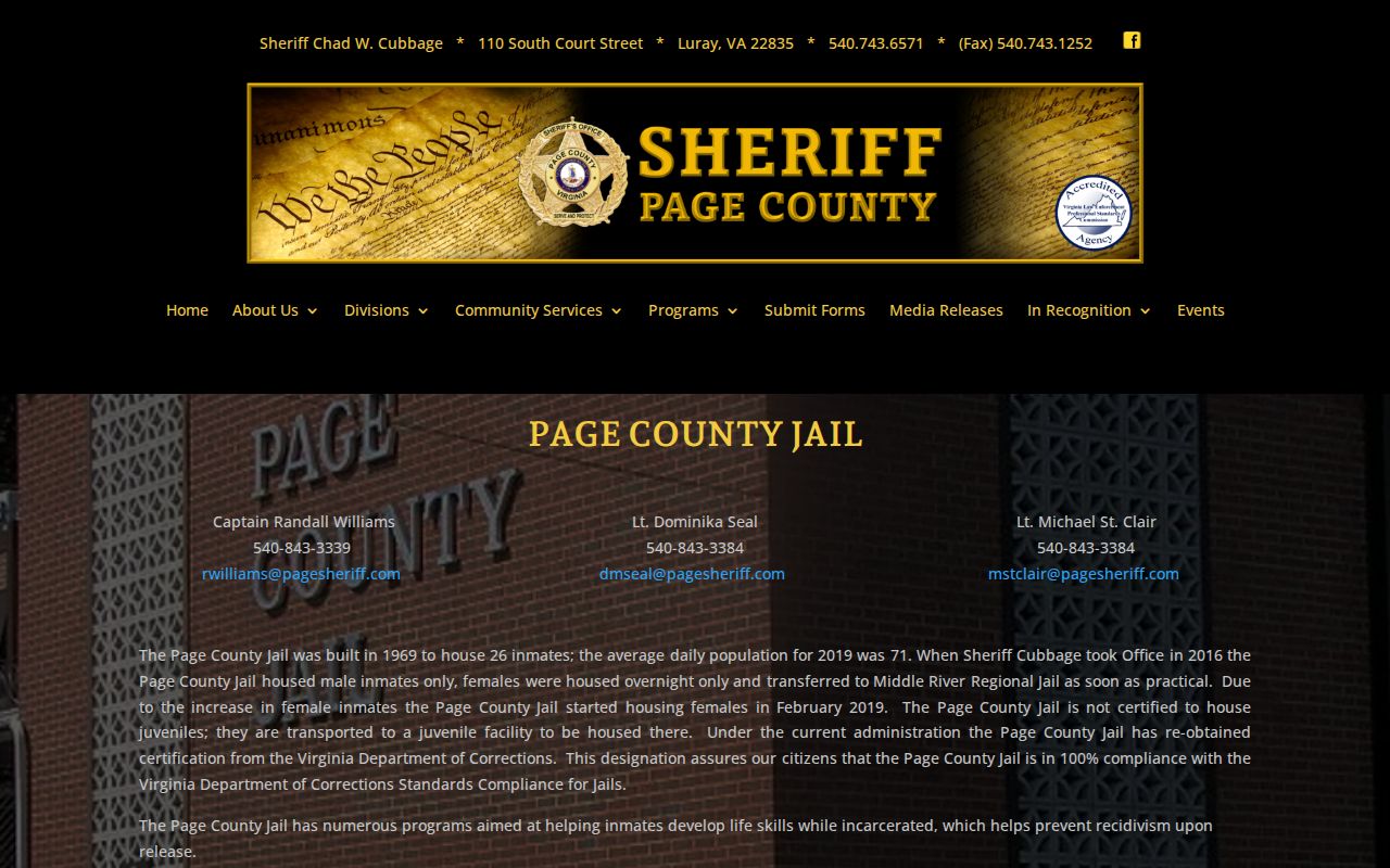 Page County Jail official division information without inmate names or photos