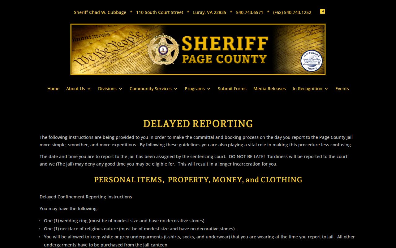 Page Sheriff delayed-reporting instructions, not a general warrant surrender guide