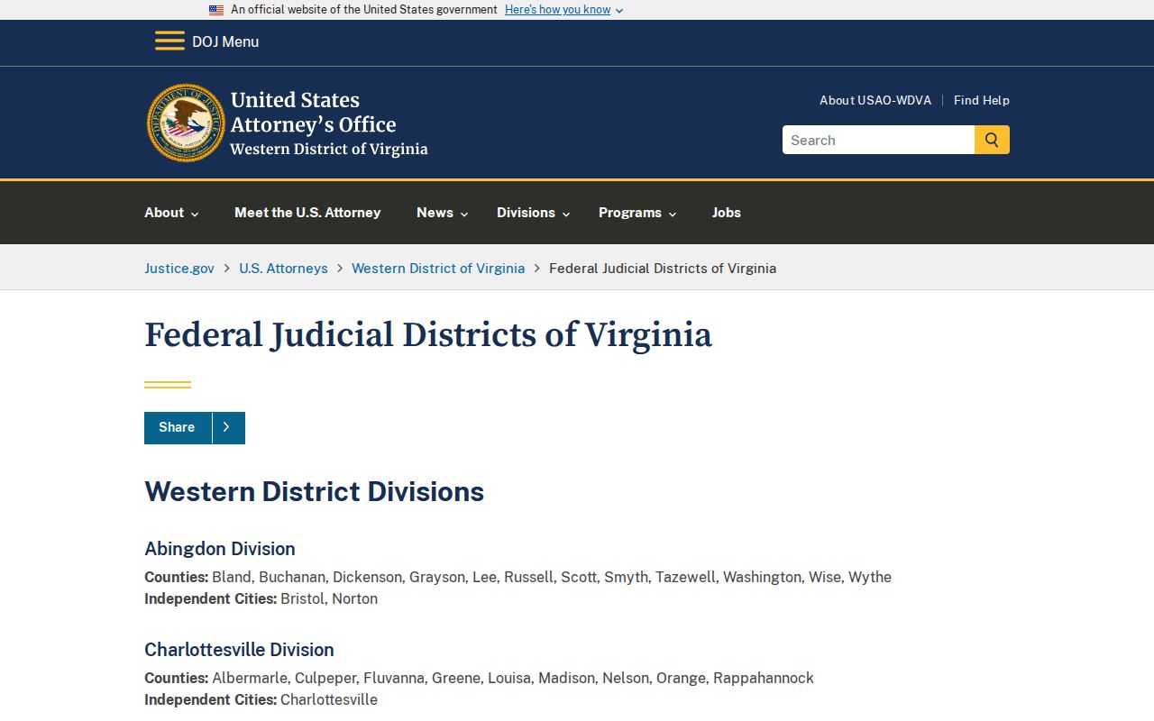 U.S. Department of Justice map of Virginia federal districts without individual names