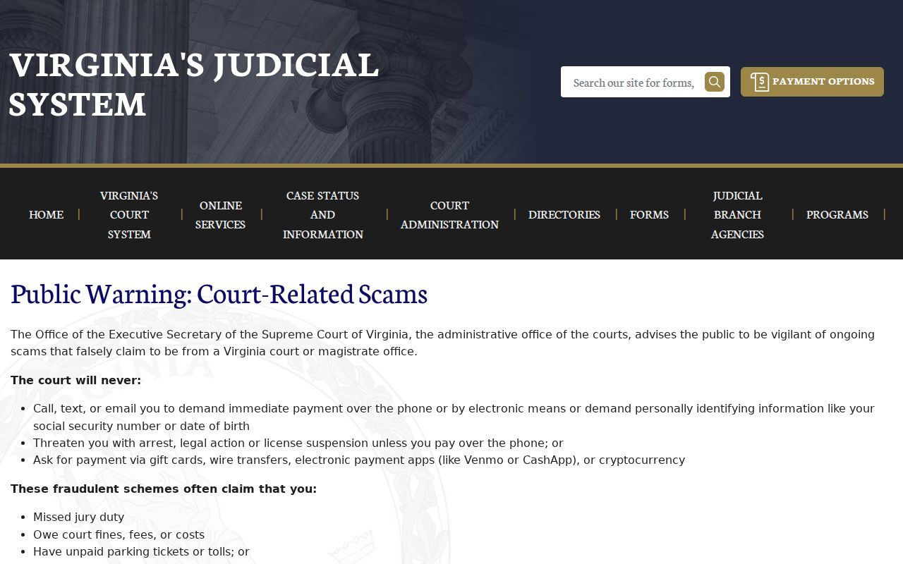 Virginia court public warning about fake urgent payment demands