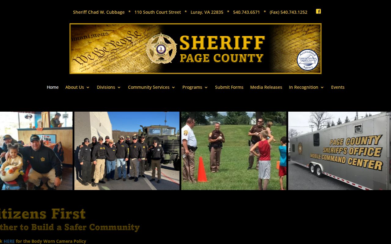 Page County Sheriff home page contact area with no public warrant list