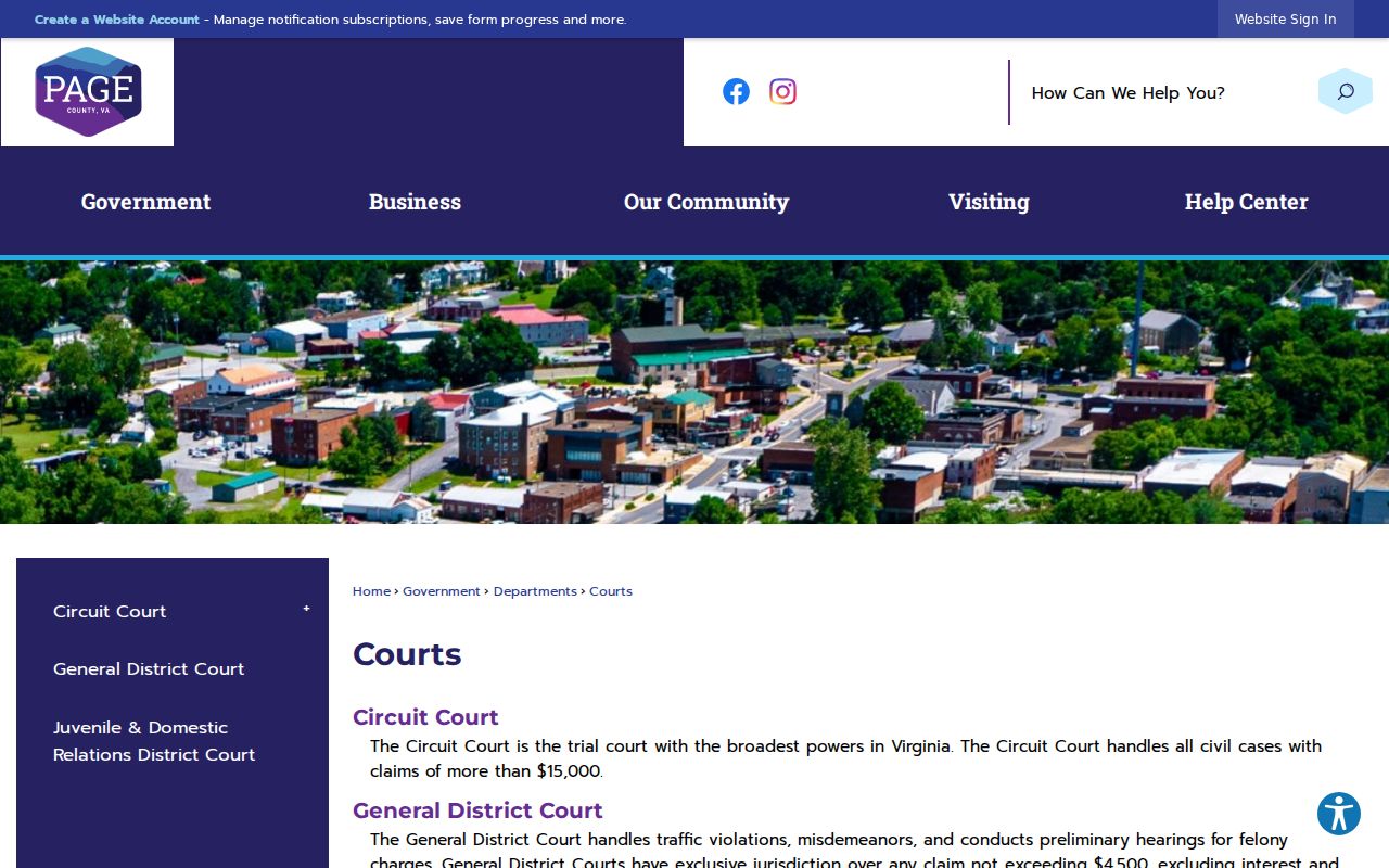Page County court overview showing Circuit, General District, and JDR routes
