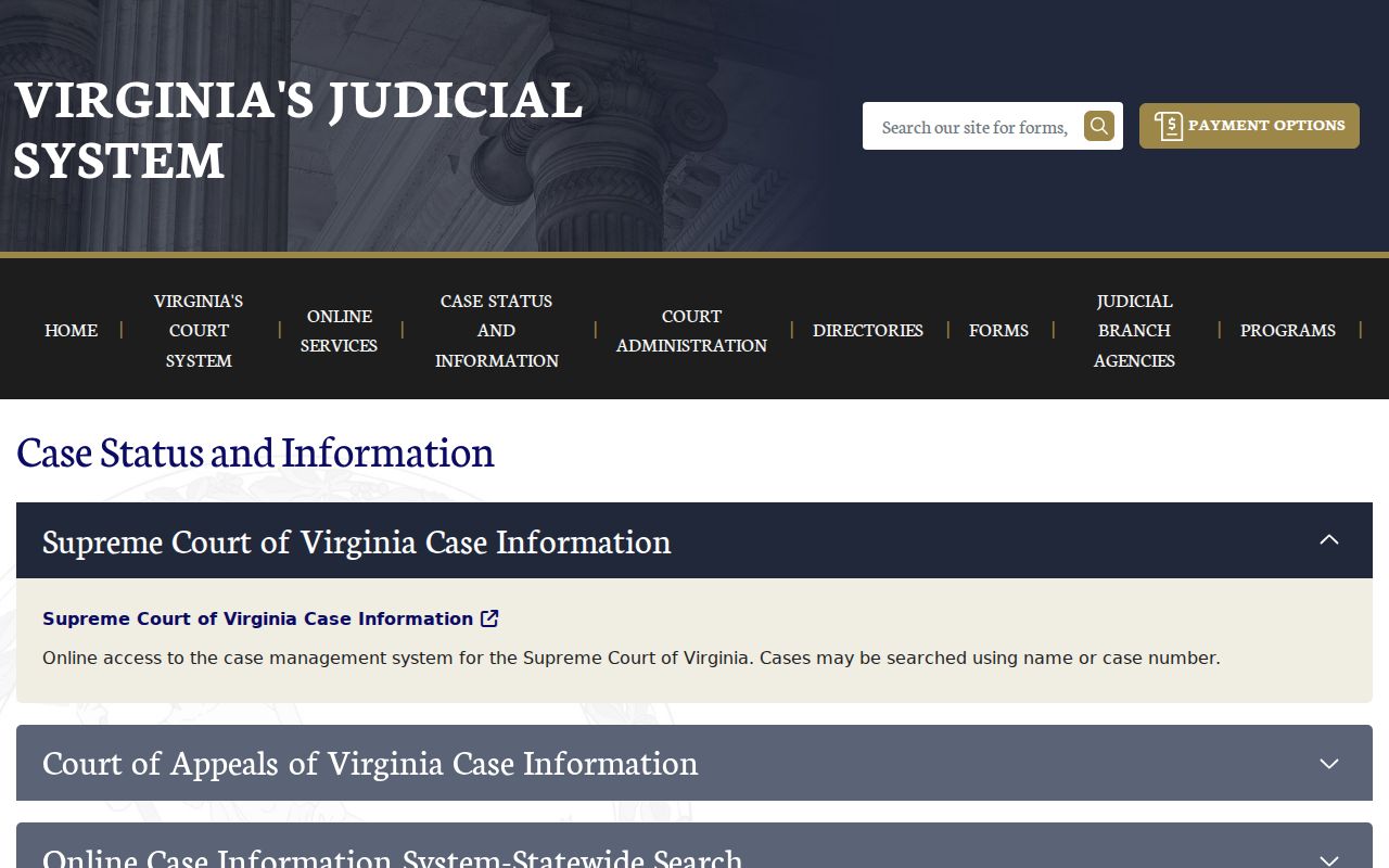 Virginia court case information landing page with no live warrant result