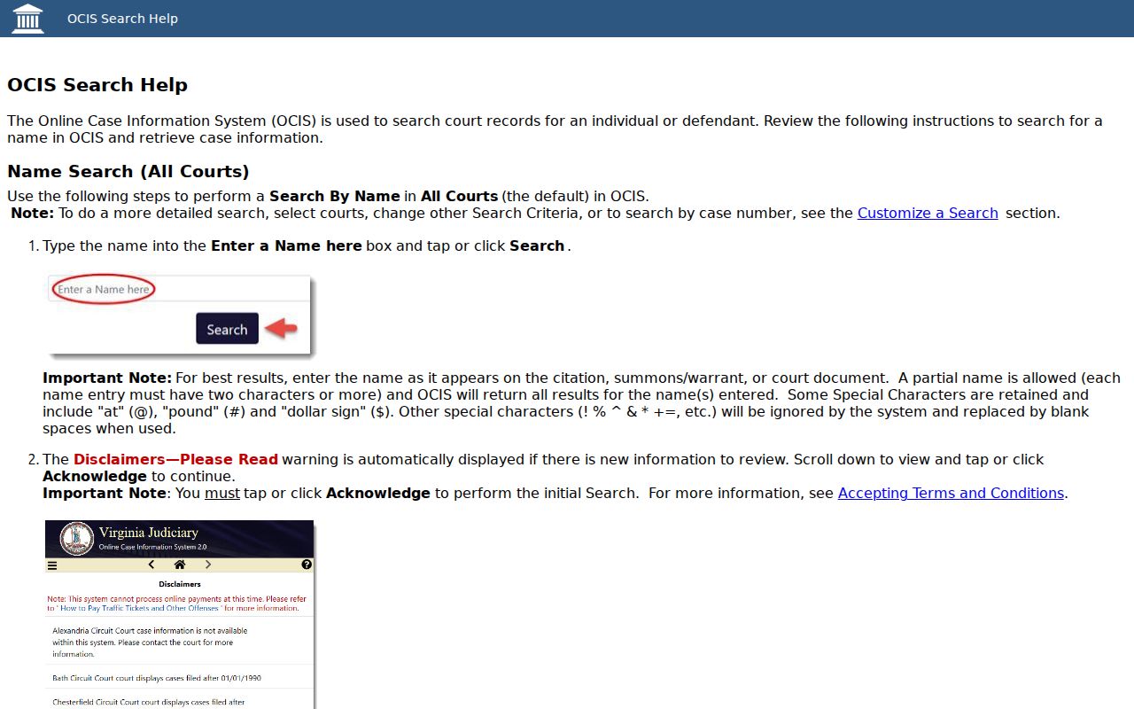 OCIS help page explaining name and court search controls
